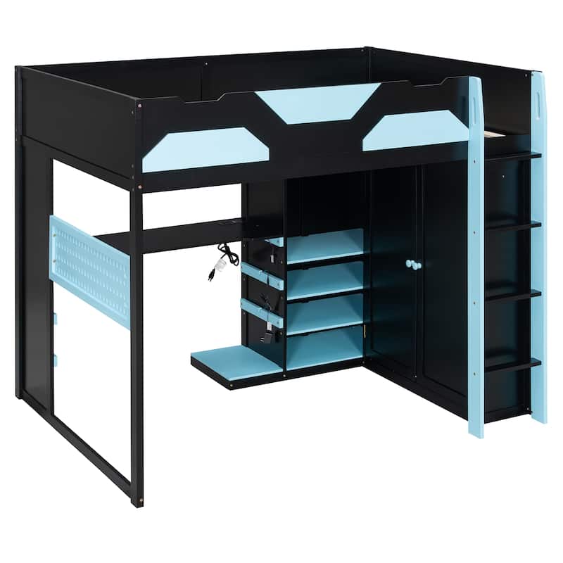 All-in-one Esports Gaming & Work Loft Bed with Adjustable Desk, LED, Charging Station, Pegboard, Storage Shelves and Wardrobe