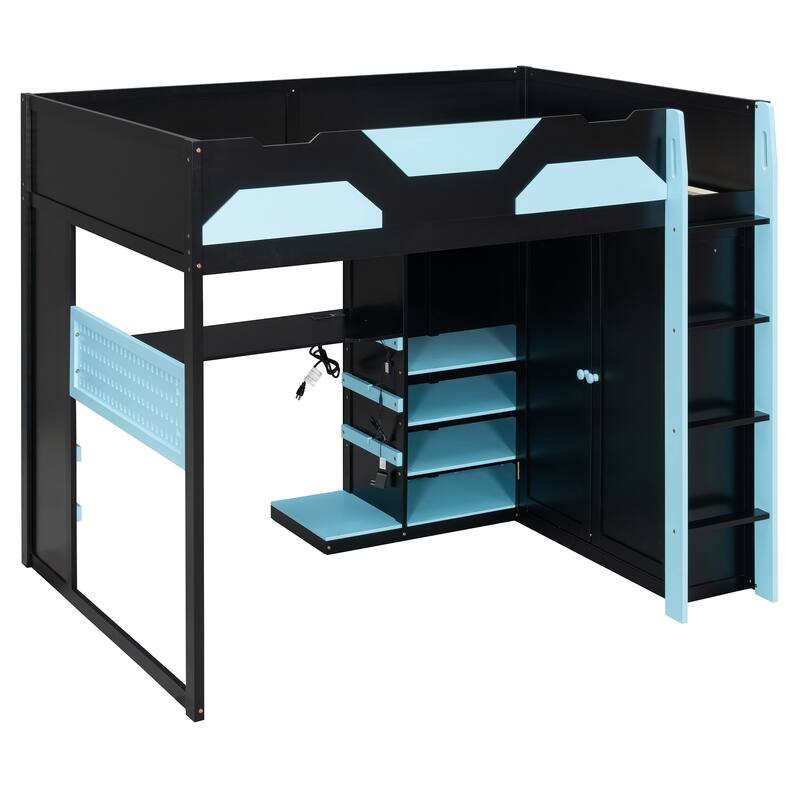 Full Size Wood Loft Bed with Desk - Multi-Storage Shelves, USB & RGB Light, Study Loft Bed