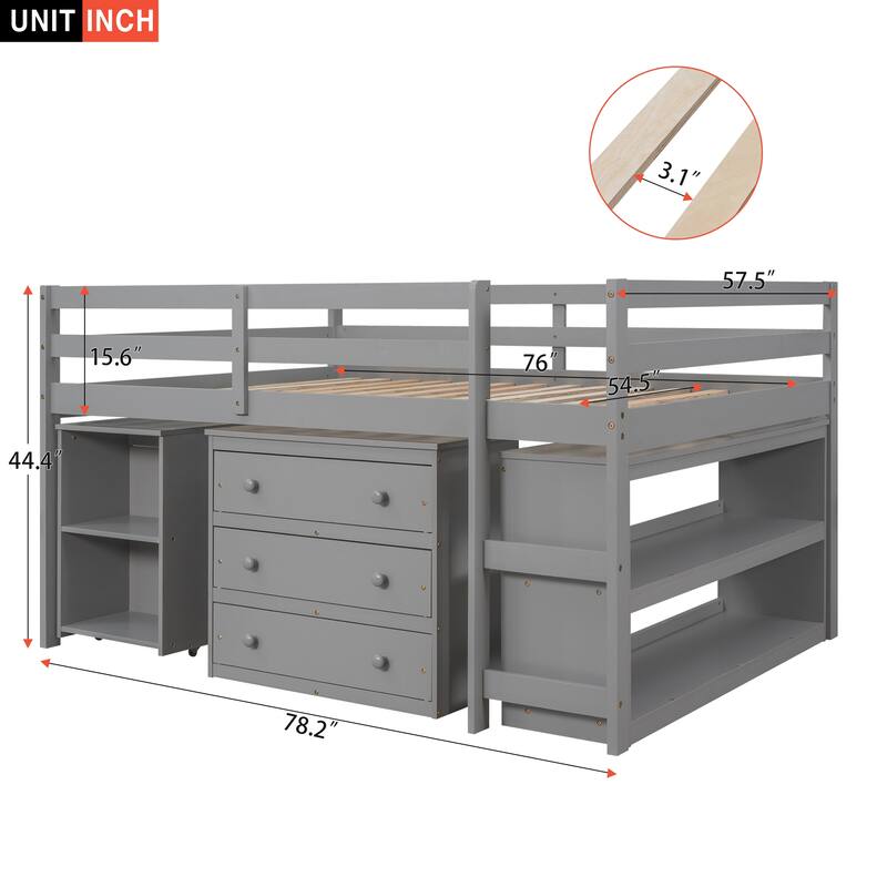 Multifunctional Full Loft Bed with Cabinet, Shelves, and Rolling Desk in Gray