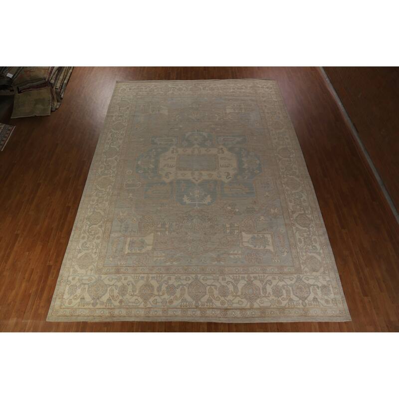 Hand Knotted Oriental 100% Wool Carpet Transitional Medallion Greys & Charcoal Oushak Area Rug - 17' 5'' X 12' 5''