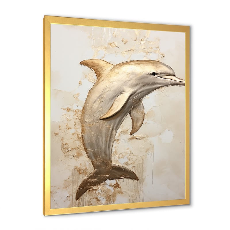 Designart "Beige And Gold Dolphin Happiness II" Animals Dolphin Framed Canvas Wall Art