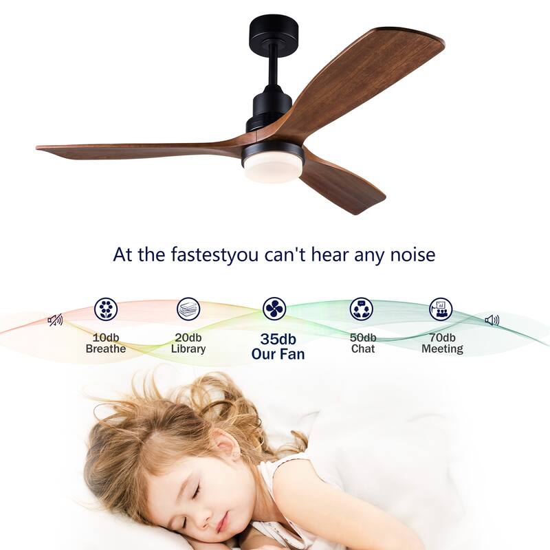 52 Inch Indoor Ceiling Fan With Dimmable LED Light 3 Solid Wood Blades Remote Control Reversible DC Motor