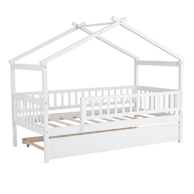 Twin Pine House Bed with Trundle, Guardrail & Roof