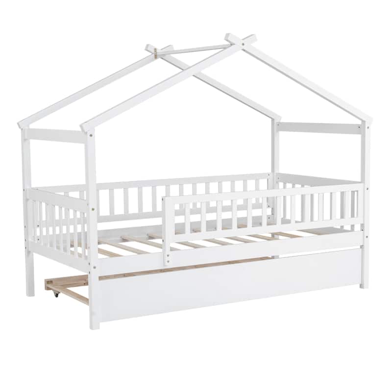 Wooden Twin/Full House Bed with Trundle and Headboard, Sky Roof Design, Durable Pine Wood