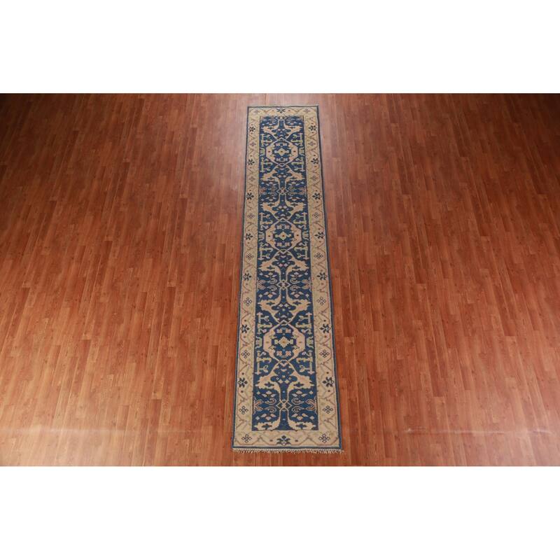 Blue Oushak Oriental Runner Rug Handmade Wool Carpet - 2'8"x 12'1"