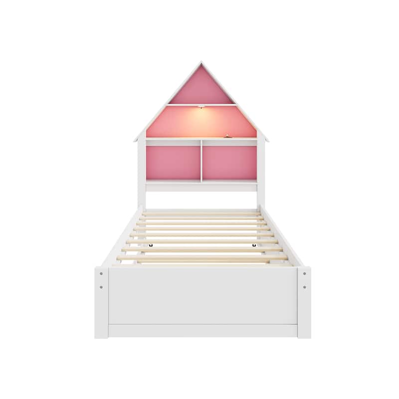 Twin Size House-Shaped Bed with Bookcase Headboard and Led Light and Twin Size Trundle for Kids Boys Girls