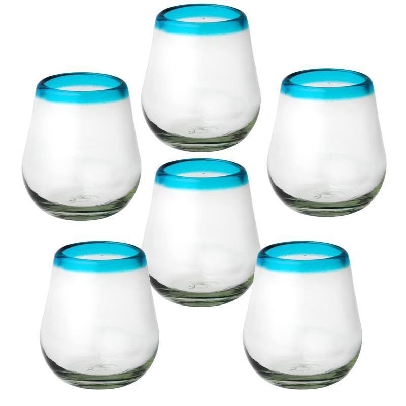 10 Strawberry Street Aqua Rim Handblown Mexican Glassware, Set of 6