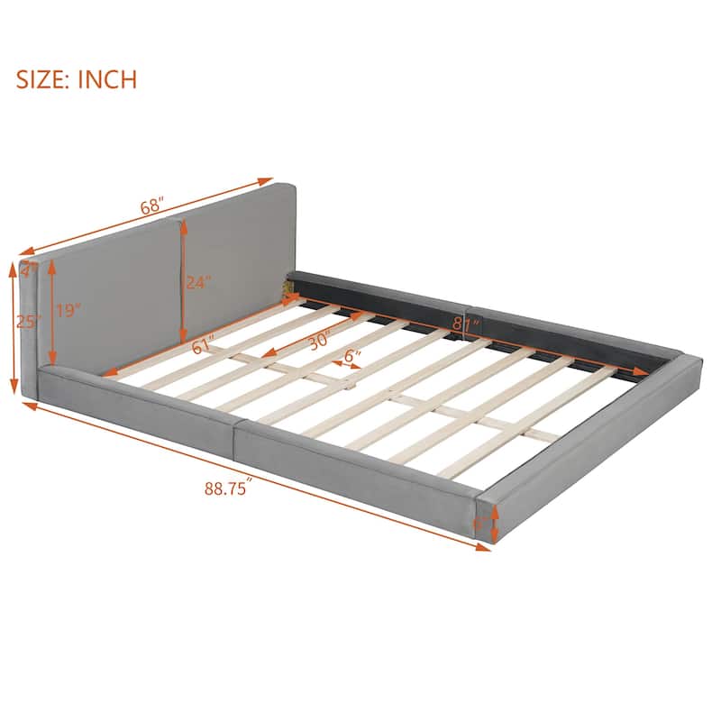 Queen Size Upholstered Platform Bed with Velvet Fabric, Grounded Bed with Solid Frame