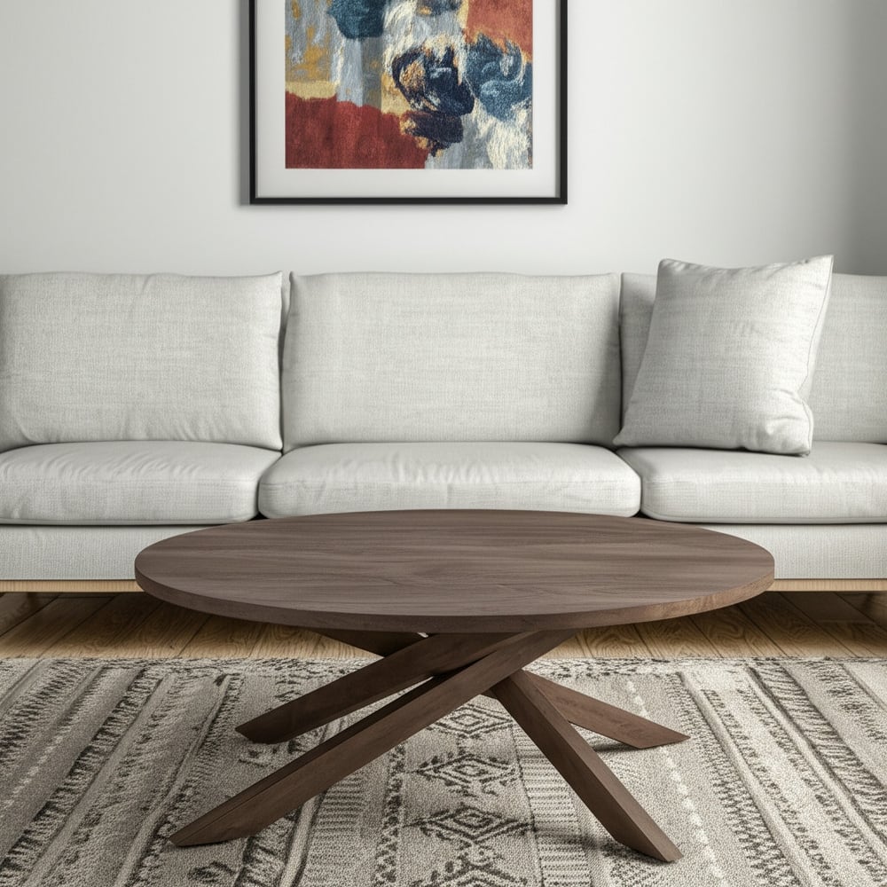 HomeRoots 42" Brown Solid Wood Round Cross Legs Coffee Table - 42' X '17' X '42