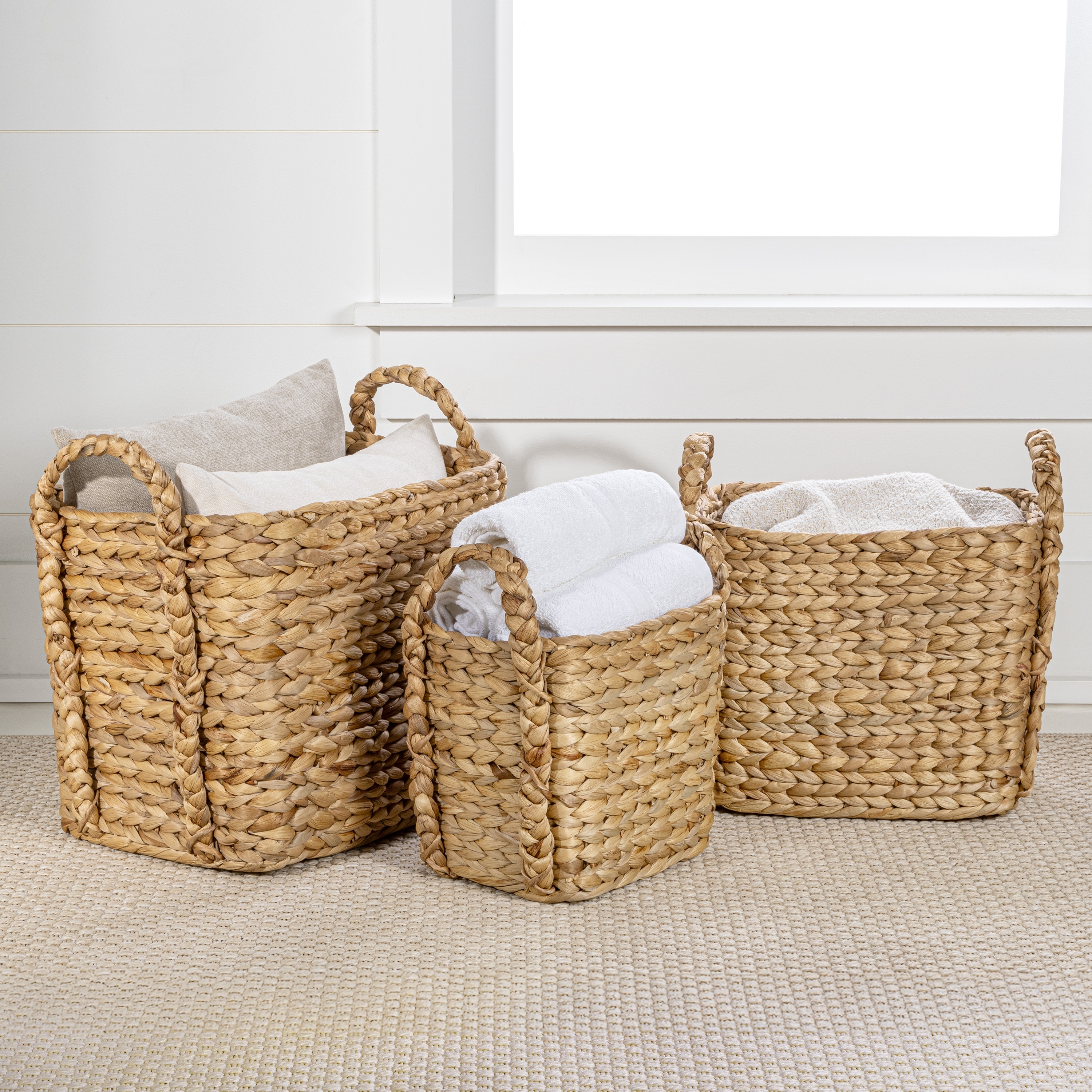 happimess Handwoven Rectangle Storage Floor Baskets with Handles (Set of 3)