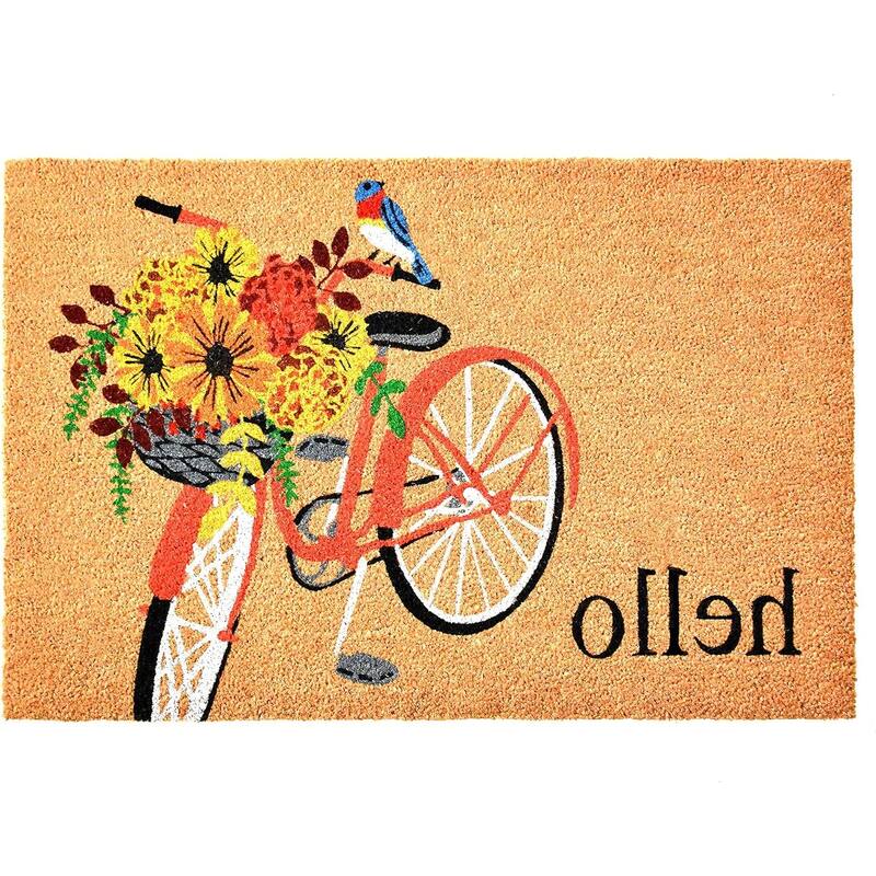 HomeRoots 24" X 36" Brown And Orange Bicycle Floral Hello Outdoor Coir Door Mat - 24.00' X '36.00