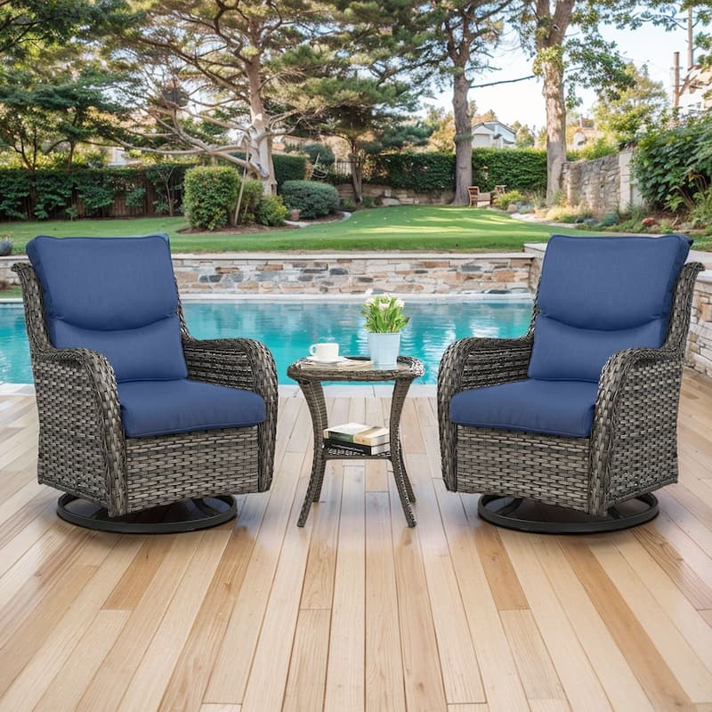 Outdoor Gliders Swivel Chairs Patio Chairs with 5-Inch Thick Cushions - Grey Rattan - Blue Cushion - 3PCS Swivel Chairs with Table