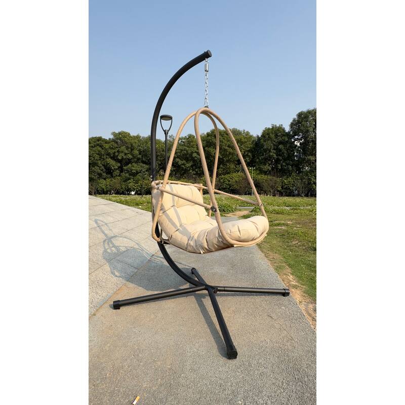 Swing Egg Chair with Stand and Cup Holder, Basket Hanging Chair with Cushion & Pillow Patio Wicker Hanging Chair