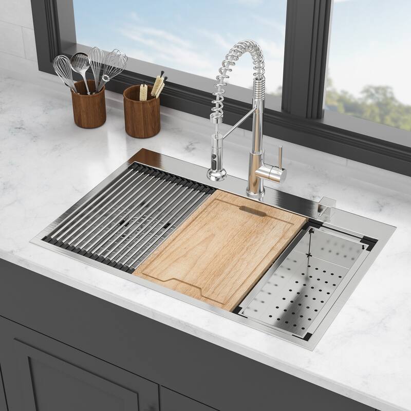 Drop In Sink Ledge Workstation Topmount Kitchen Sink Single Bowl, 16 Gauge
