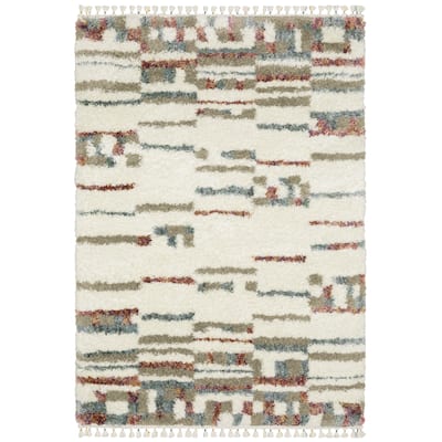 Style Haven Aire Abstract Stripe Ivory/ Multi Shag Tassel Fringe Area Rug.