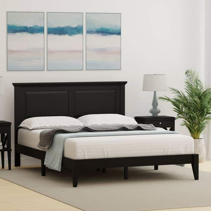 Solid Oak Platform Bed with Tapered Legs and Headboard - Black - Queen