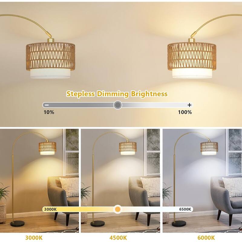 Arc Floor Lamp,Rattan & Linen Shades,Adjustable Height Floor Lamp with Remote & Dimming Bulb,Standing Lamp,3 Color Temperatures