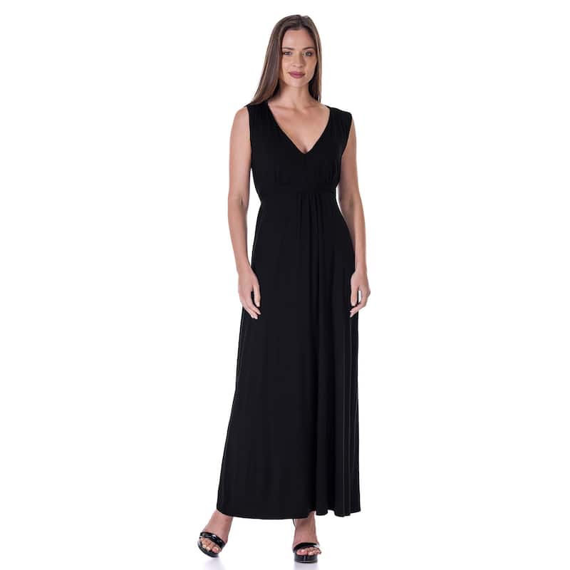 24seven Comfort Apparel V Neck Sleeveless Maxi Dress with Belt - Black - S