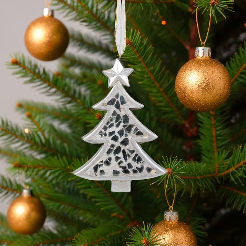 Mosaic Style Tree Christmas Ornament - 4" - Silver