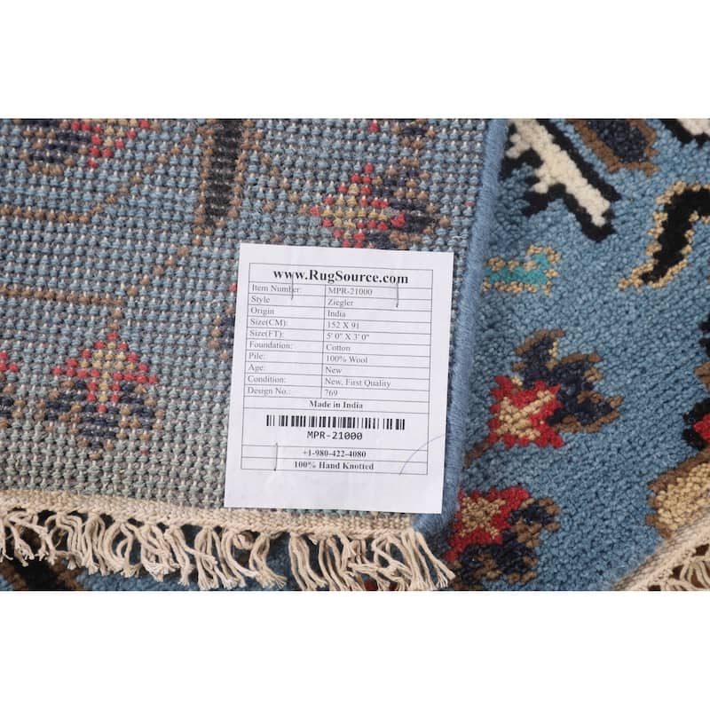 Light Blue Ziegler Foyer Rug Hand-Knotted Wool Carpet - 3'0"x 5'0"