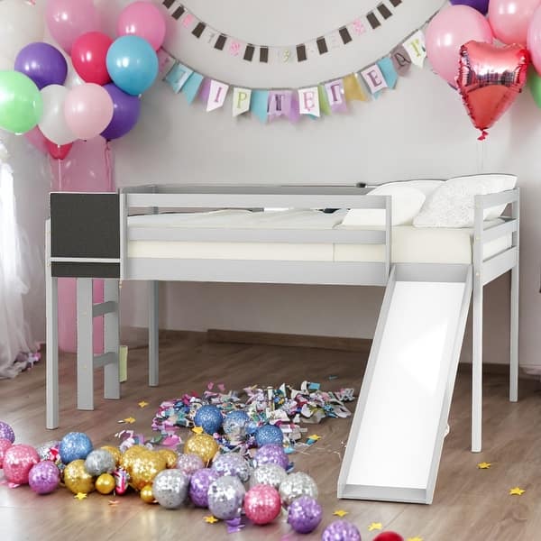 slide 2 of 14, Modern Full Size Wood Loft Bed With Convertible Ladder and Slide With Stair and Chalkboard Grey