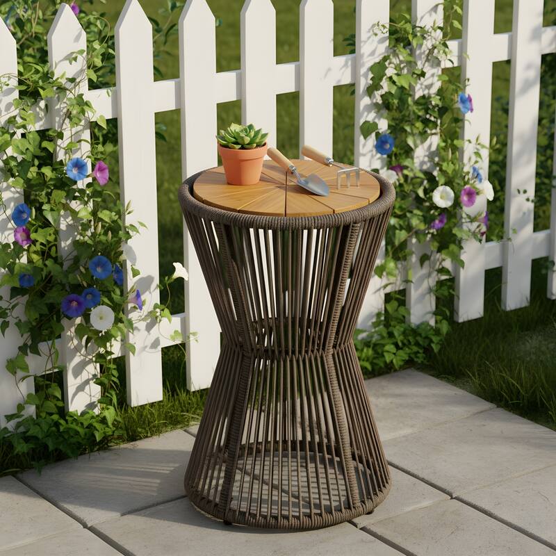 Roomfitters 25.8" Outdoor Side Table Modern Woven Rope Hourglass Patio Accent Table with Teak Wood Finish Top