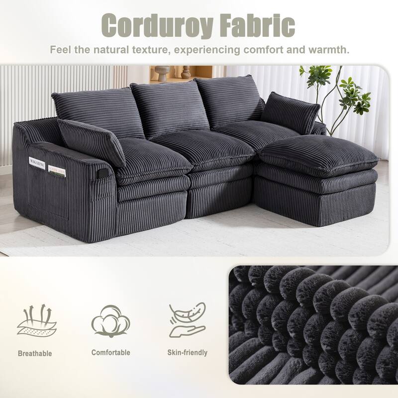 103" L-Shaped Corduroy Boneless Sectional Sofa with Movable Ottoman