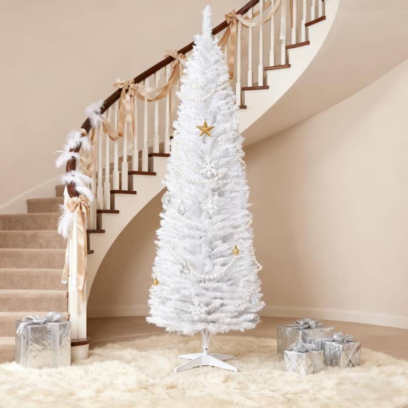 Slim Artificial Pencil Christmas Tree - Realistic Branch Tips, Plastic Stand - White