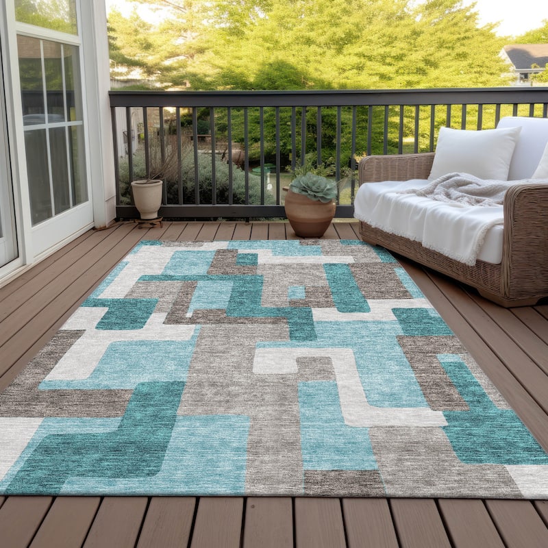Machine Washable Indoor/ Outdoor Chantille Contemporary Blocks Rug - Teal - 3' x 5'