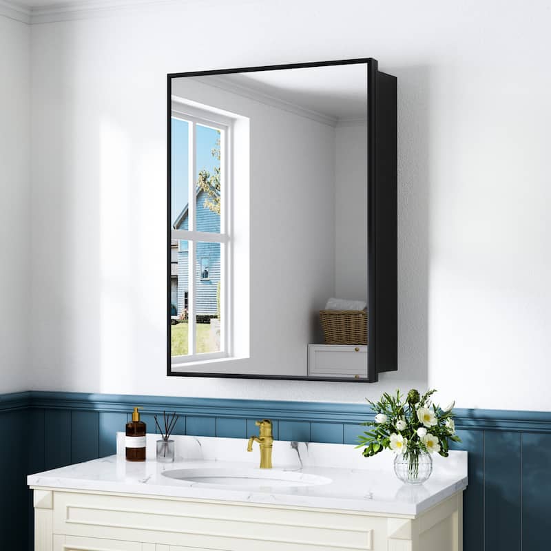 Elise Iron Medicine Cabinet with Mirror, Adjustable Shelves, Recessed or Wall Mount - 24 in. W x 30 in. H - Black