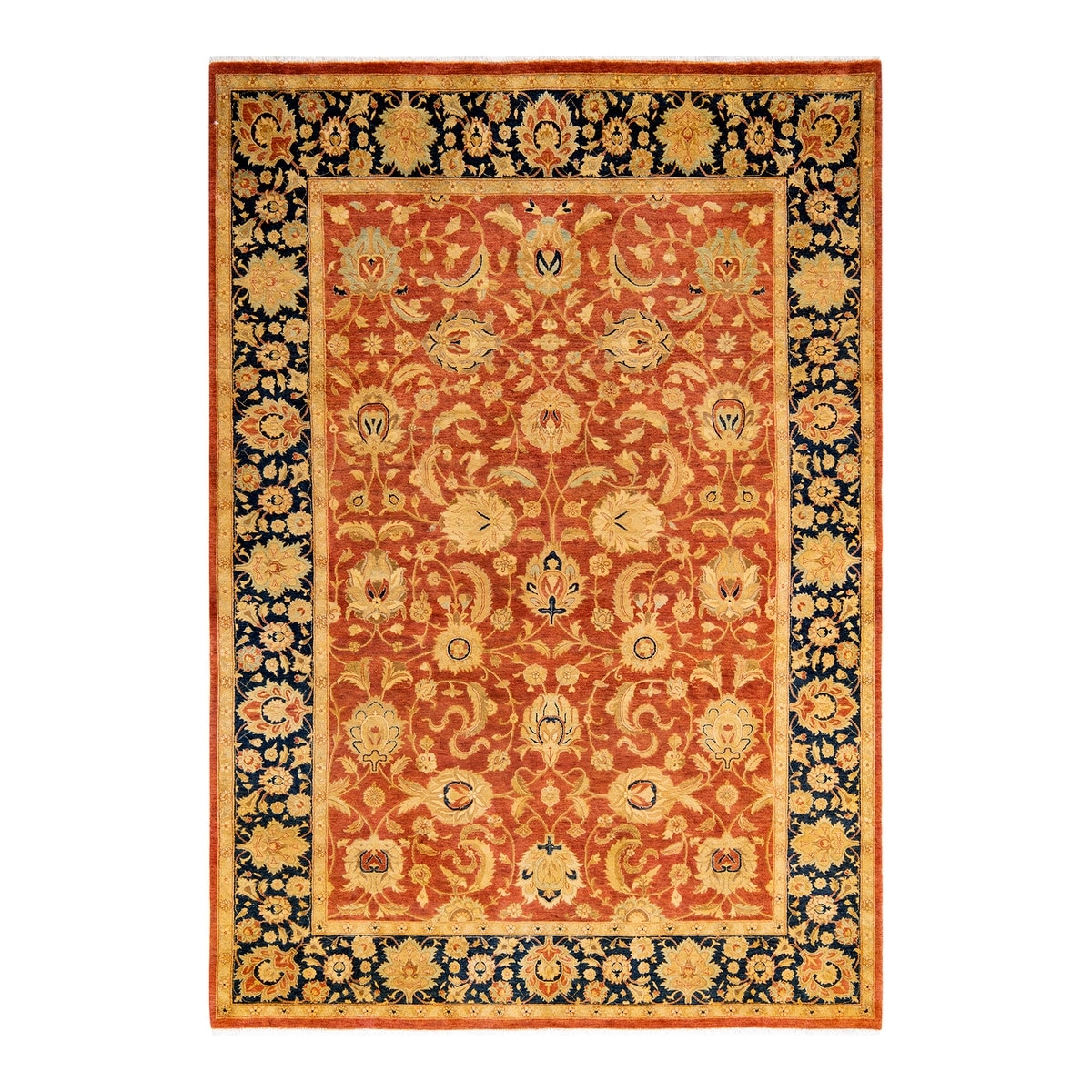 Overton Handknotted Wool Traditional Oriental Orange Area Rug - 6' x 9'