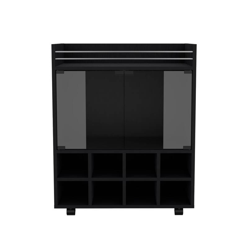 Bar Cart with Built-In 8-Bottle Rack,Double Glass Door Cabinet,and Aluminum-Edged Top Surface