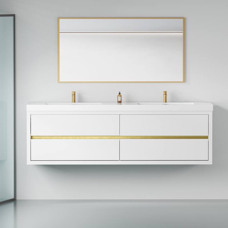 GDFStudio - Maxwell Floating Bathroom Vanity with Stone Resin Countertop & Soft-Close Drawers - 72" - Glossy White