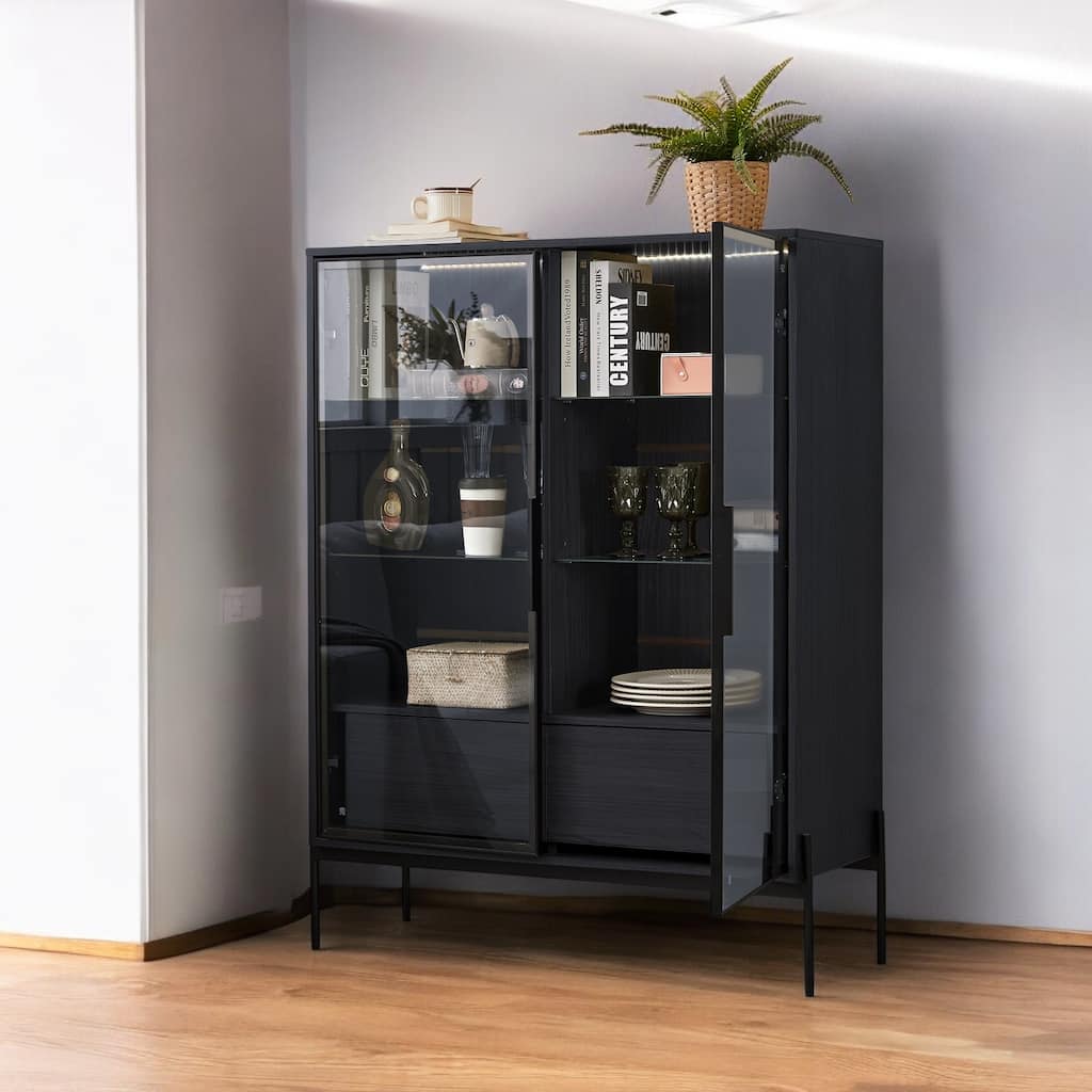 51.2" Tall Lighted Display Cabinet with Tempered Glass Doors, Metal Legs, LED Curio Cabinet for Living Room, Office, Study