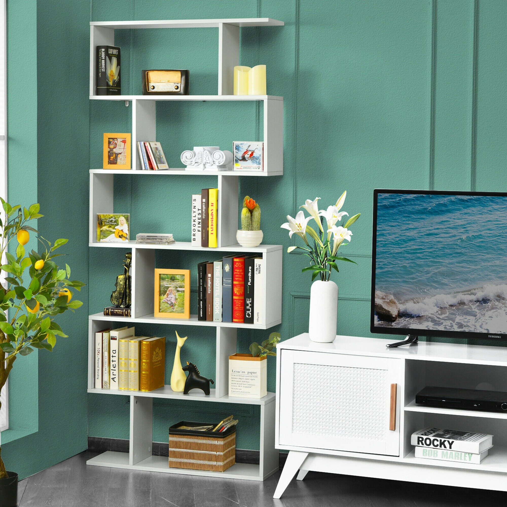 Gymax 6 Tier S-Shaped Bookshelf Storage Display Bookcase Decor Z Gymax 6 Tier S-Shaped Bookshelf Storage Display Bookcase Decor Z