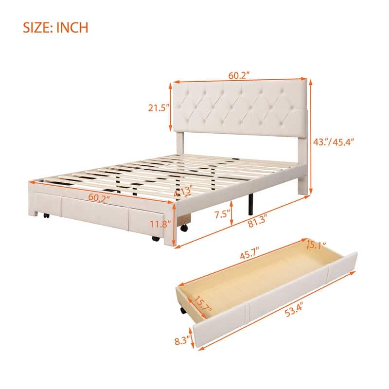 Queen Size Tufted Upholstered Platform Bed with Removable Wheeled ...