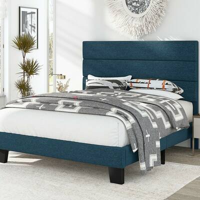 King Size Fabric Upholstered Platform Bed Frame with Headboard, Blue