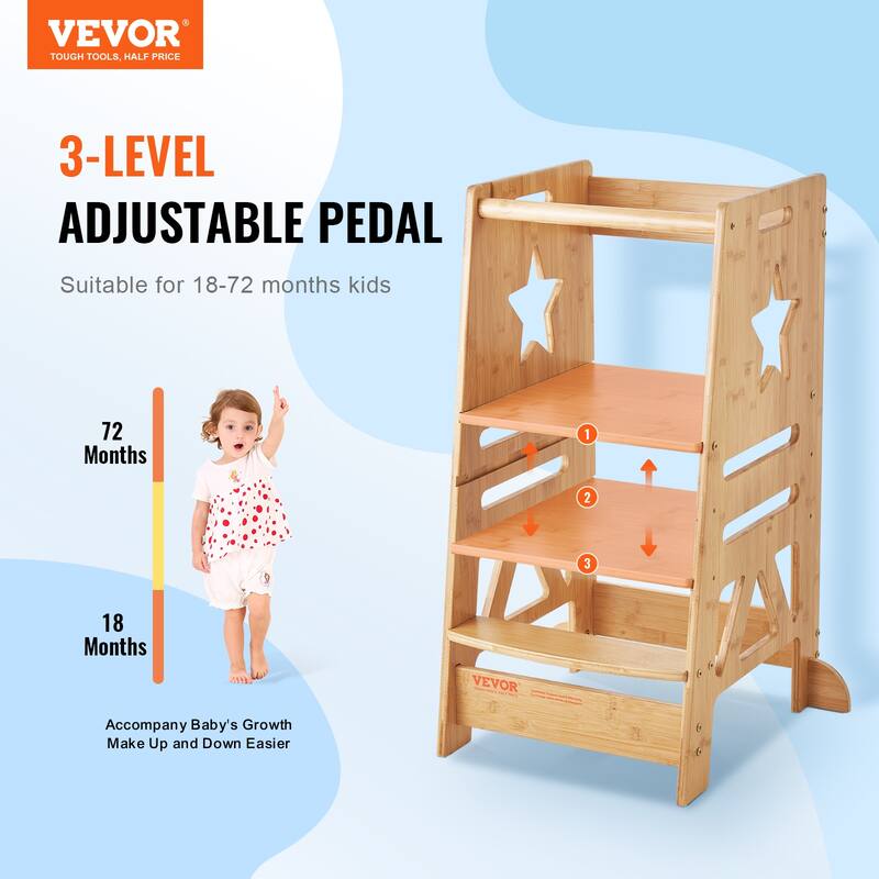 VEVOR Tower Step Stool, 3-Level Height Adjustable Toddler Step Stools for Kids, Stool with Safety Rail