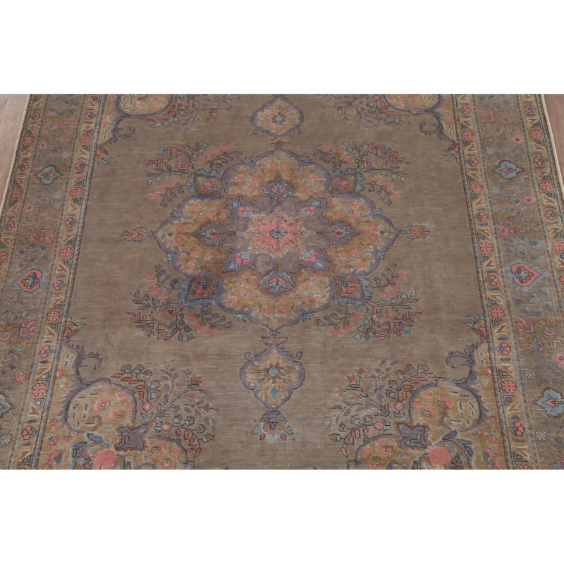 Distressed Brown Tabriz Persian Antique Rug Hand-Knotted Wool Carpet - 8'2"x 11'0"