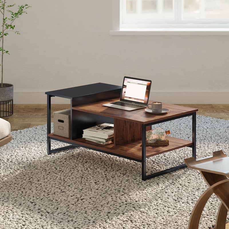Morden Retangle Coffee Table with Storage Shelves, Wood, 31.5"