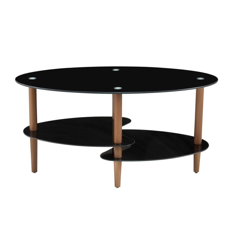 Black Oval Coffee Table with Oak Wood Leg, 3-Layer Tempered Glass