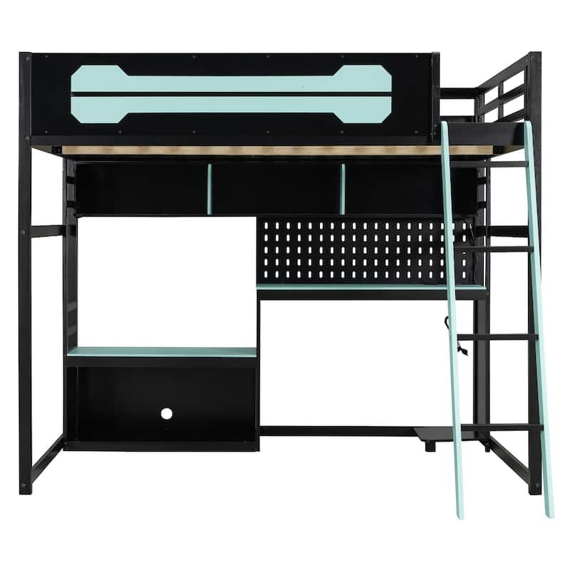 Gaming Loft Bed Full Size Wood Loft Bed with Pegboard PC Desk Computer Case Stand Charging Station LED Lights for Gamers