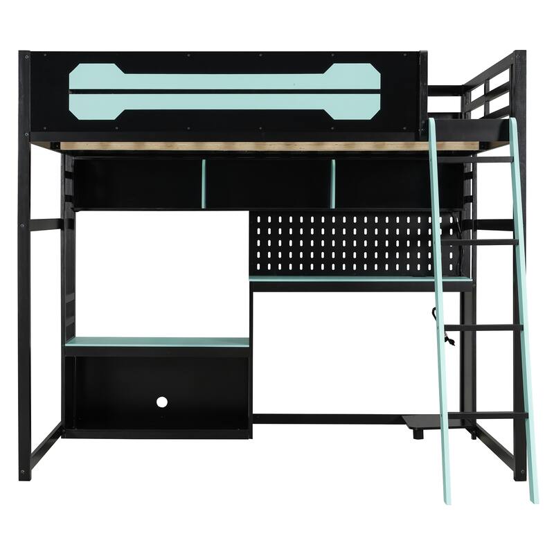 Roomfitters Full Size Gaming Loft Bed with Desk, Pegboard, LED Lights and USB Ports