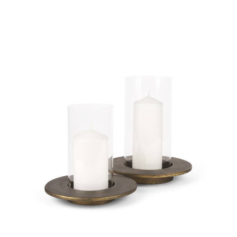 Vivian Gold Metal and Glass Hurricane Candle Holder (Set of 2) - 9.1L x 9.1W x 14.0H - Gold