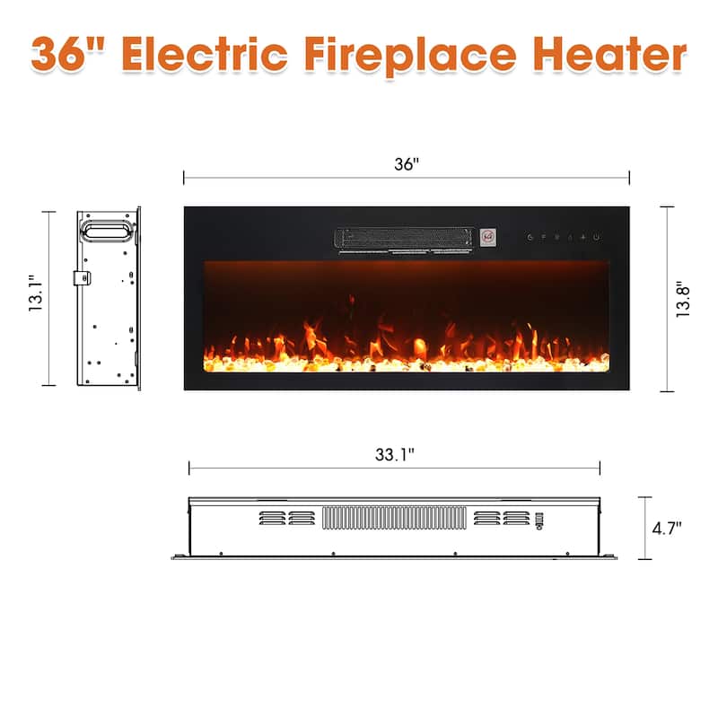36" Modern Built-In Wall Mounted Indoor Electric Fireplace with Remote Control