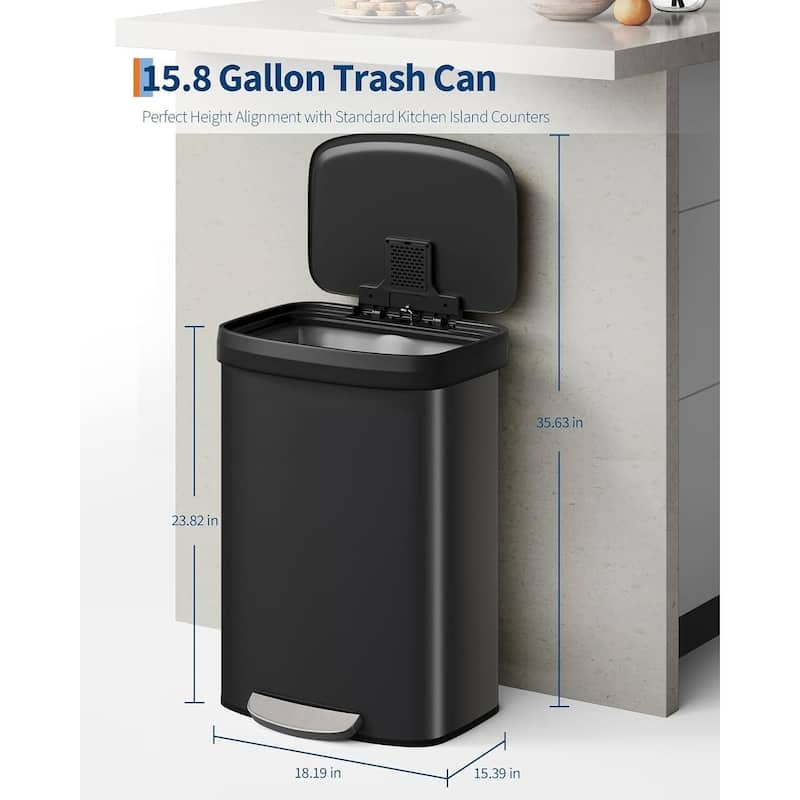 16 Gal Step-on Stainless Steel Trash Can with Soft-Close Lid for Home, Kitchen, Office
