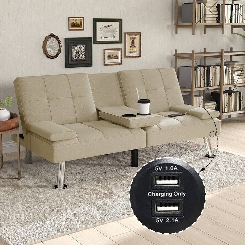 Linen Upholstered Modern Convertible Folding Futon Sofa Bed for Compact Living Space - Beige