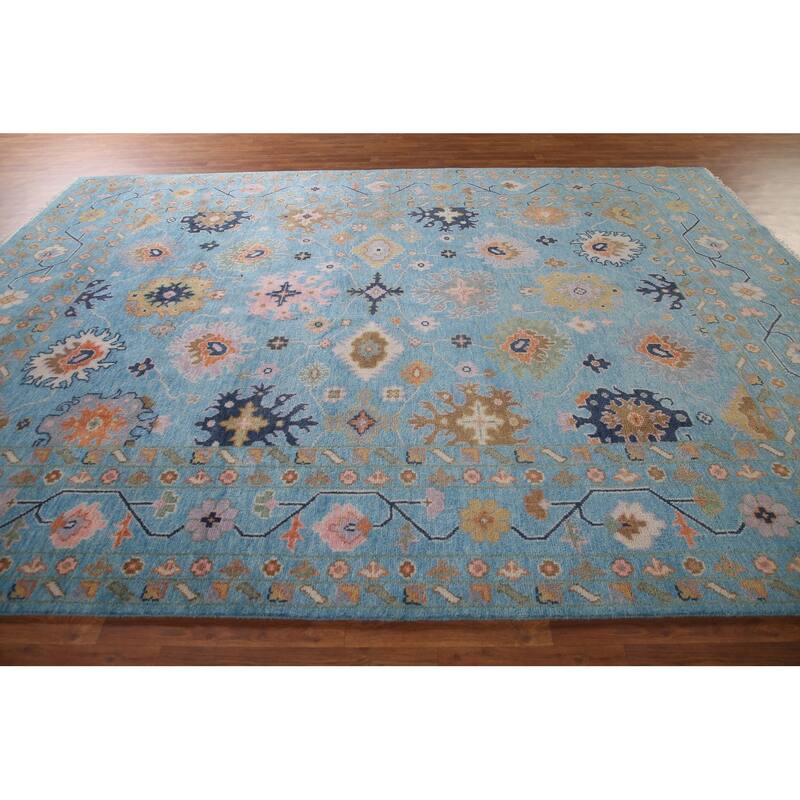 All-Over Blue Floral Oushak Indian Area Rug Handmade Wool Carpet - 8'9"x 12'0"