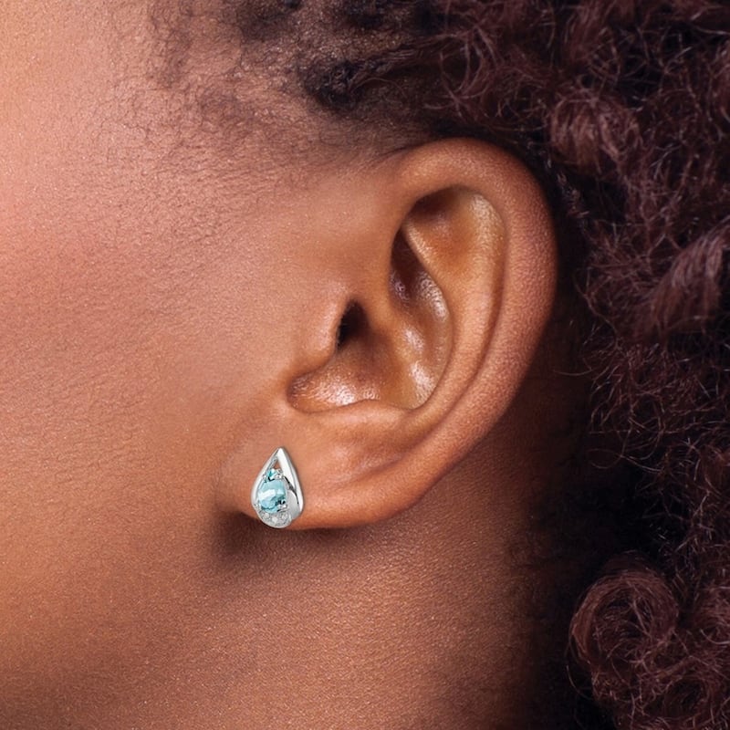 Curata 925 Sterling Silver 10x7mm Diamond and Aquamarine Post Earrings