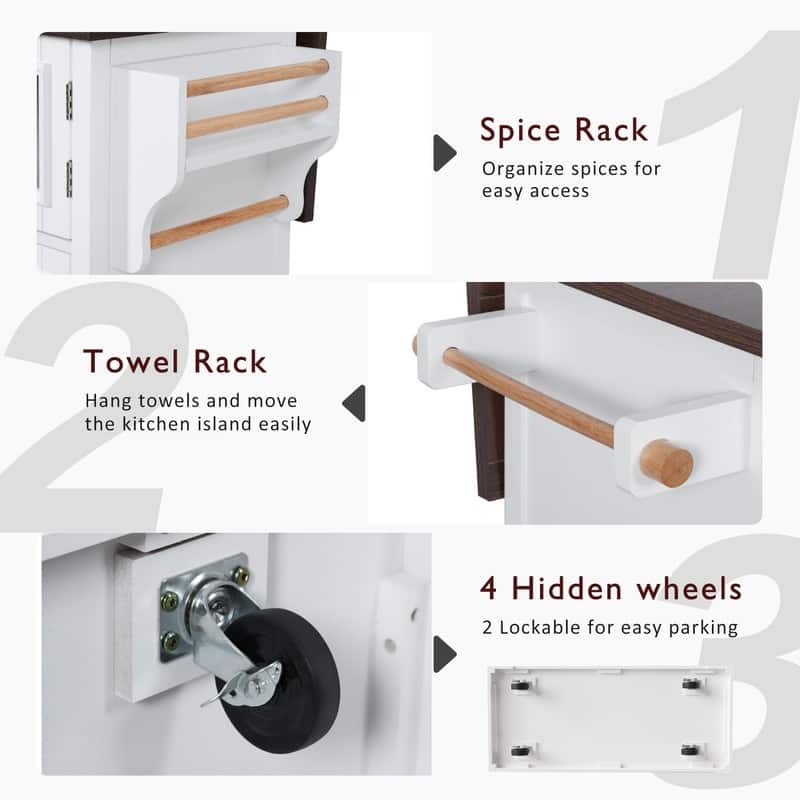 Kitchen Island with Drop Leaf, Power Outlet, 4 Door Shelves, Rolling Kitchen Island